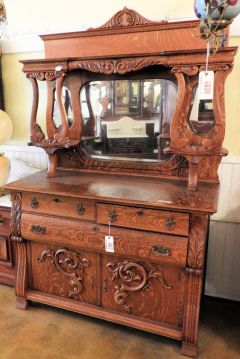 5-22-19-Victorian-Tiger-Oak-three-drawer-over-two-door-carved-beveled-glass-buffet $940